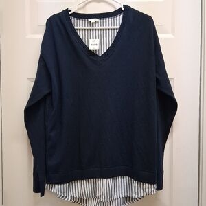 J. Jill Faux Layer Sweater Silk Blend Navy Blue Stripe Medium Tall Preppy